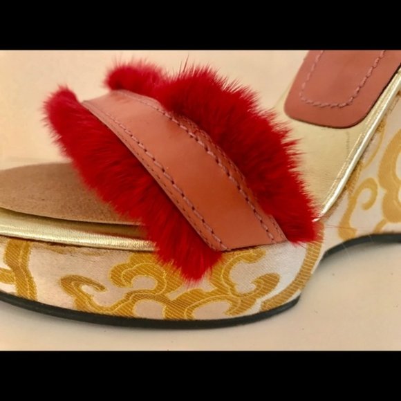 Casadei Brocade Wedge with Red Mink Fringe - Picture 2 of 8
